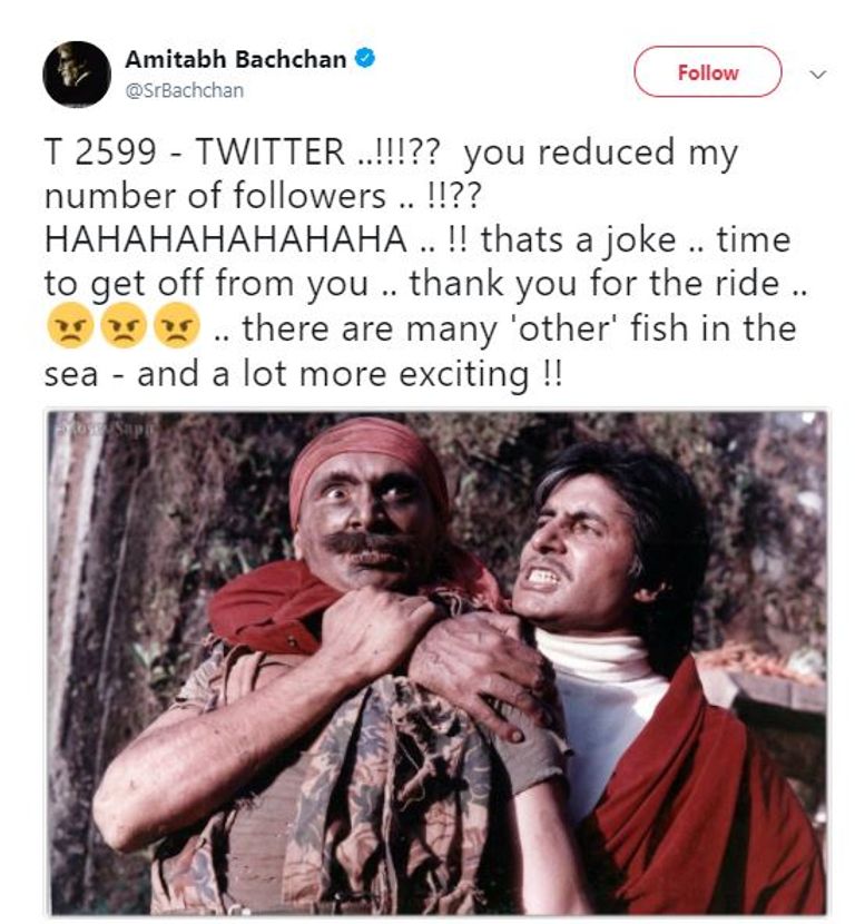 تغريدة أميتاب باتشان التي يهدد فيها بالرحيل عن تويتر أميتاب باتشان يهدد بمغادرة تويتر