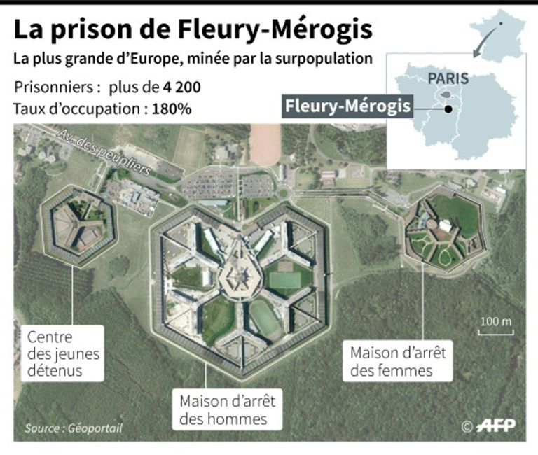 رسم توضيحي للخريطة الداخلية للسجن المنقسم ما بين زنزانات النساء والرجال والشباب السجن المحتجز فيه طارق رمضان فلوري-ميروجيس