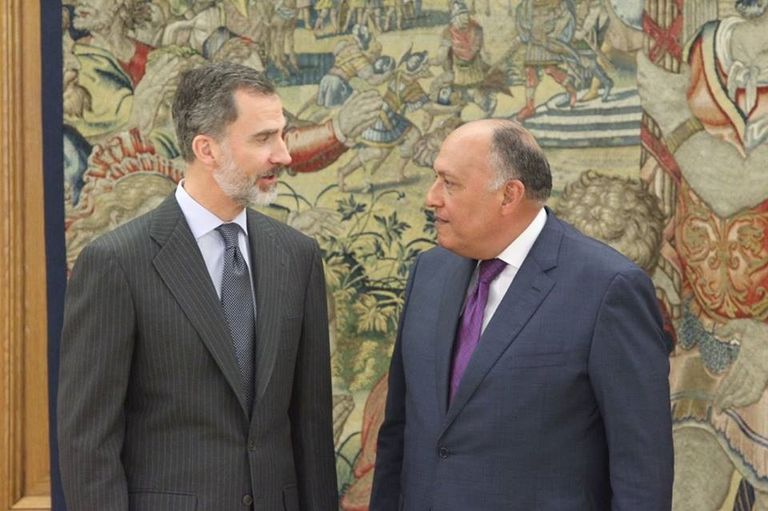 سامح شكري مع ملك إسبانيا فيليبي السادس وعدد من مسؤولي البلدين 