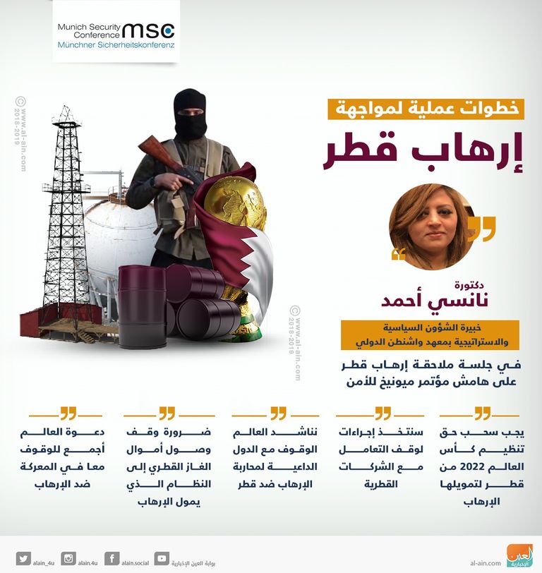 خطوات عملية لمواجهة إرهاب تنظيم الحمدين طرحها مؤتمر ملاحقة إرهاب قطر في ميونيخ الدكتورة نانسي أحمد خبيرة الشؤون السياسية بواشنطن