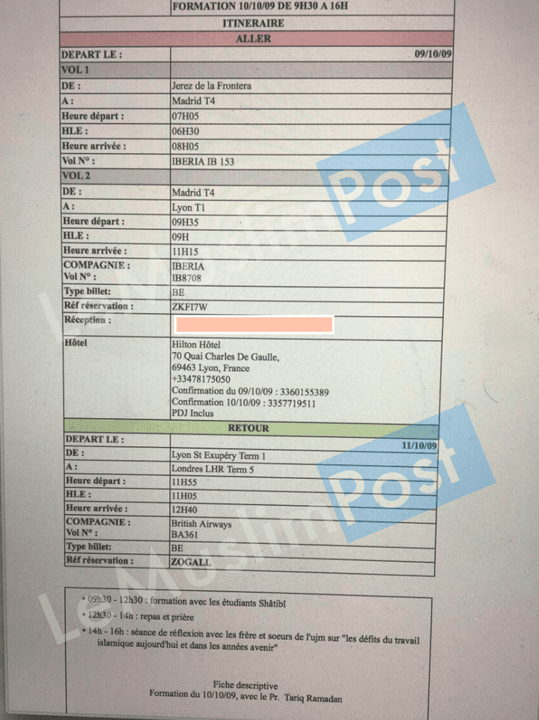 تذكرة الطيران الحقيقية التي نشرها موقع "مسلم بوست" طارق رمضان