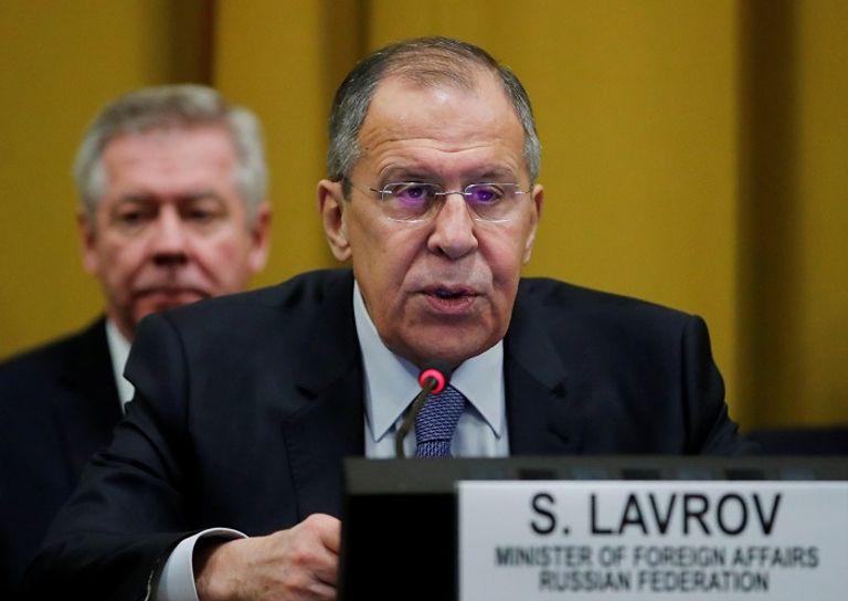 لافروف أثناء إلقاء كلمته بمؤتمر نزع السلاح في جنيف- رويترز