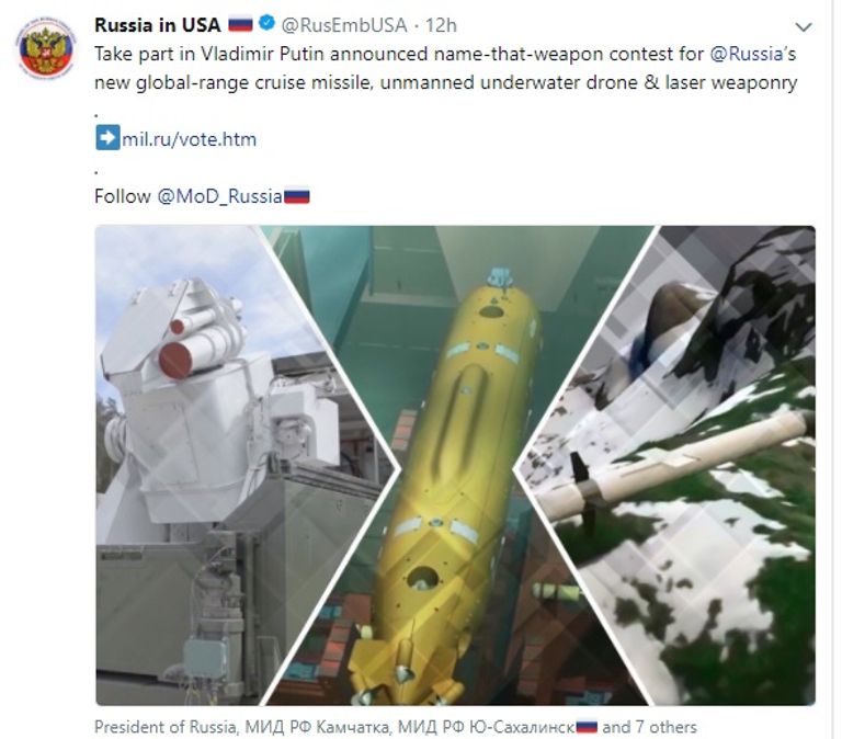 التغريدة الخاصة بالسفارة الروسية في واشنطن روسيا وأمريكا تعلنان سباق تسلح جديد