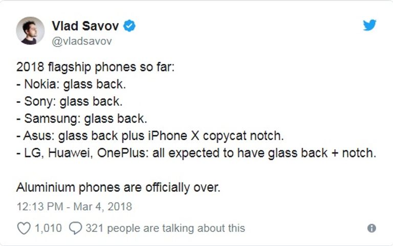 تغريدة للخبير التقني "فلاد سافوف" الخلفيات الزجاجية اختيار كبرى الشركات لهواتفها