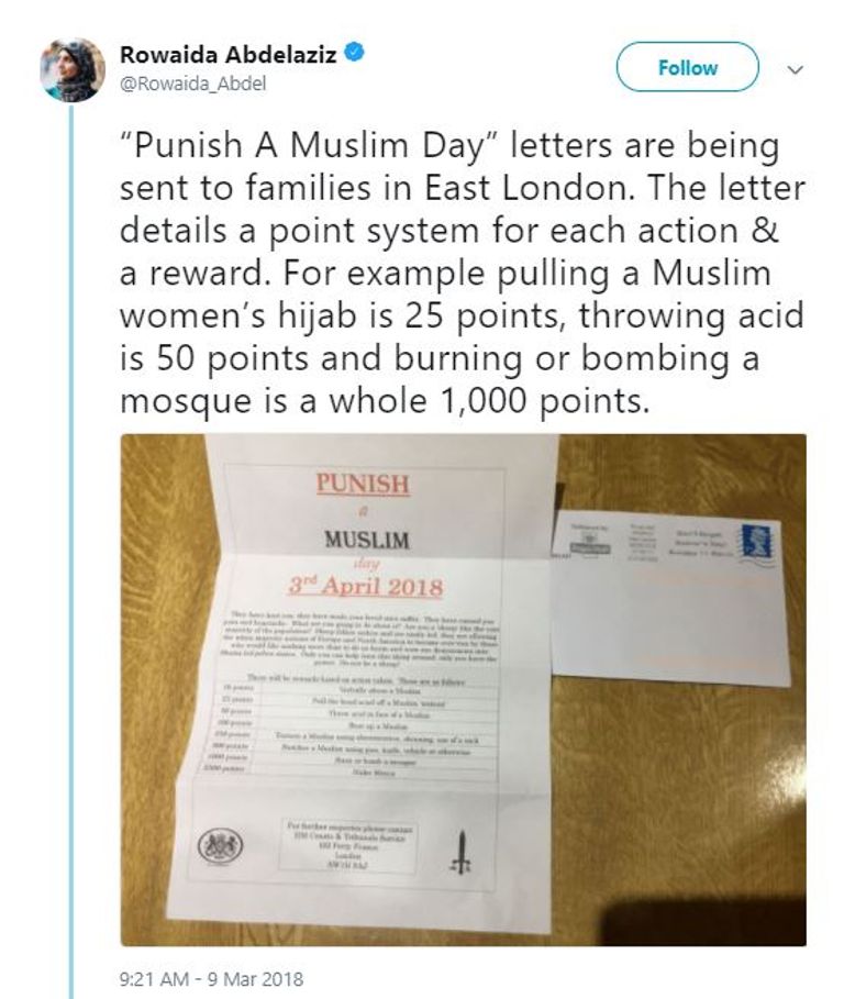 صورة من خطابات الكراهية نشرتها إحدى المسلمات في بريطانيا على تويتر بريطانيا تفتح تحقيقا وتطالب المواطنين بتوخي الحذر