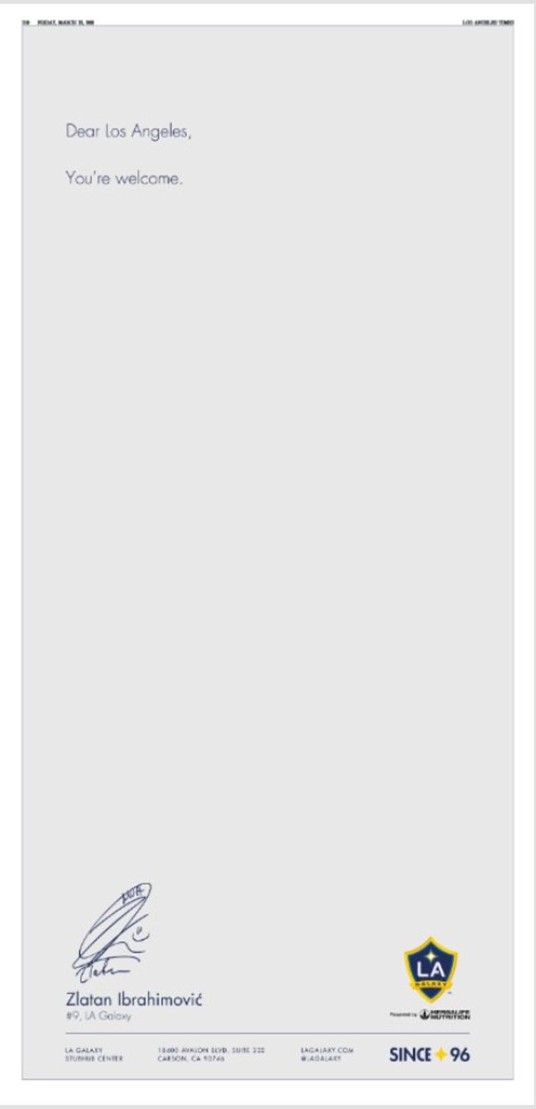 توقيع إبراهيموفيتش لفريق لوس أنجلوس في صحيفة أمريكية زلاتان إبراهيموفيتش
