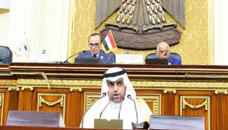 مشعل بن فهم السلمي رئيس البرلمان العربي خلال كلمته أمام المؤتمر