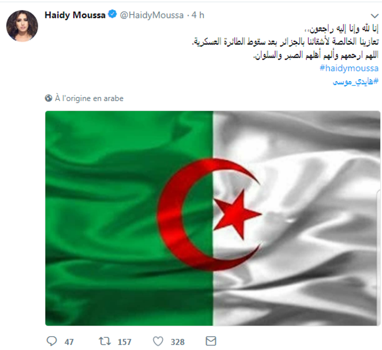 تغريدة الفنانة المصرية هايدي موسى مكان سقوط الطائرة العسكرية الجزائرية