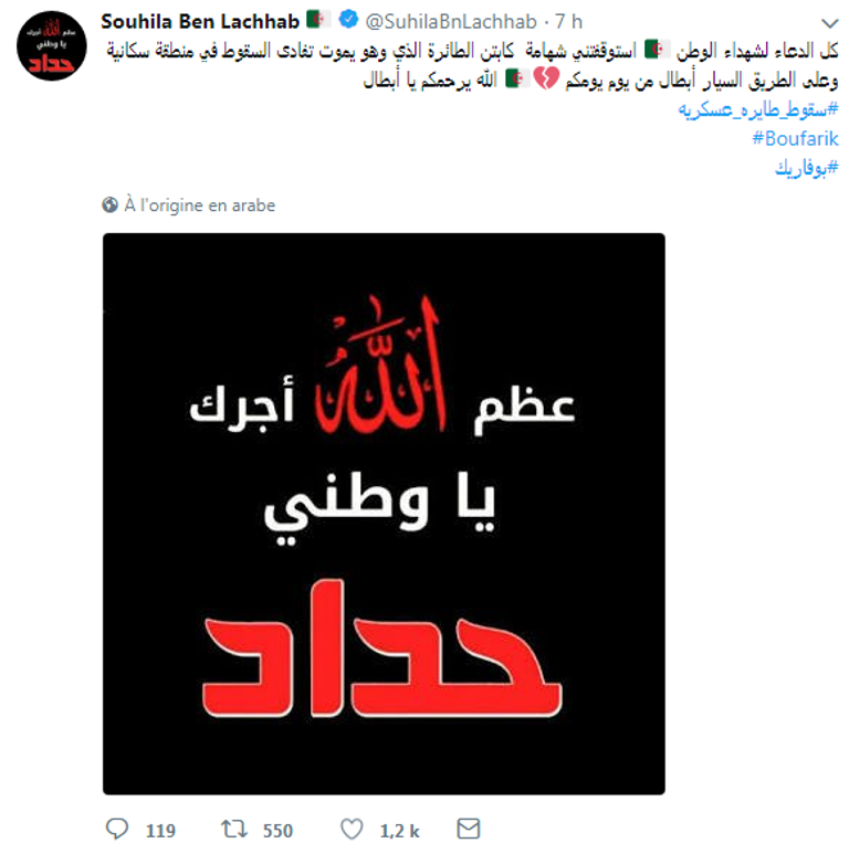 تغريدة الفنانة الجزائرية سهيلة بن لشهب مكان سقوط الطائرة العسكرية الجزائرية