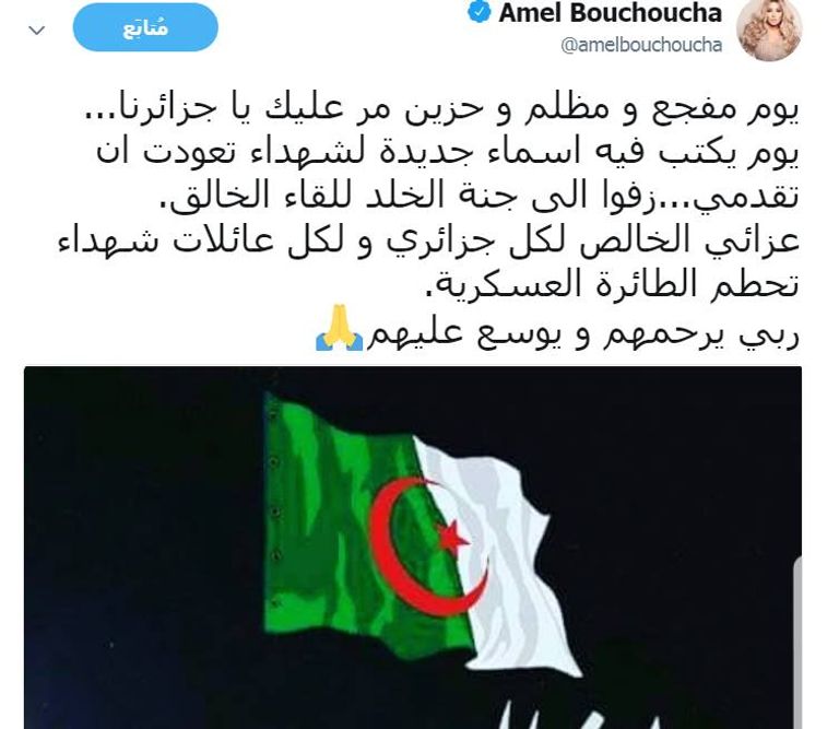تغريدة الفنانة الجزائرية أمل بوشوشة مكان سقوط الطائرة العسكرية الجزائرية