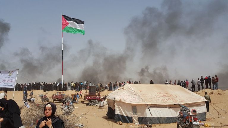 العلم الفلسطيني فوق السارية علم فلسطين يرفرف فوق السارية وسط المتظاهرين