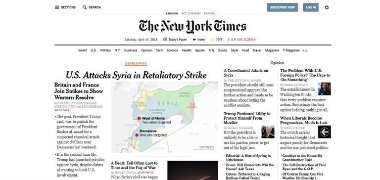 صحيفة نيويورك تايمز الأمريكية الضربة الثانية لسوريا للهدف نفسه وهو السلاح الكيماوي