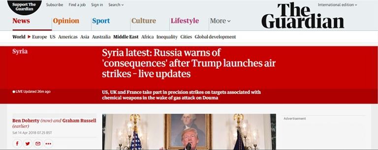 صحيفة الجارديان البريطانية الضربة الثانية لسوريا للهدف نفسه وهو السلاح الكيماوي