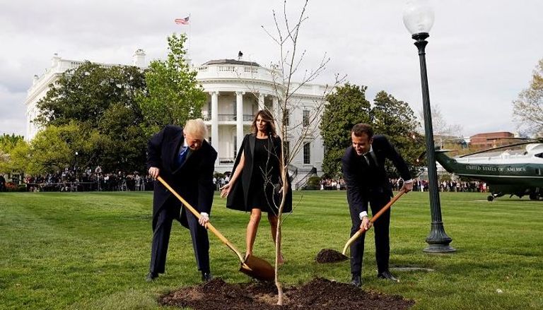 ماكرون وترامب خلال زراعتهما الشجرة في البيت الأبيض- رويترز