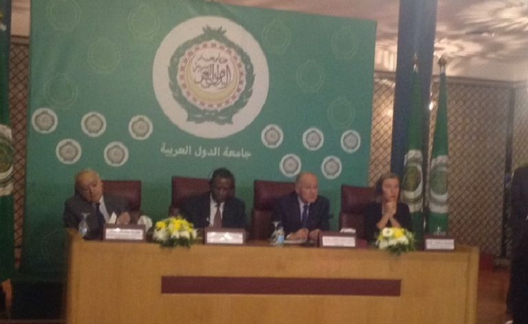 أبو الغيط خلال المؤتمر الصحفي جانب من اجتماع اللجنة الرباعية الدولية حول ليبيا