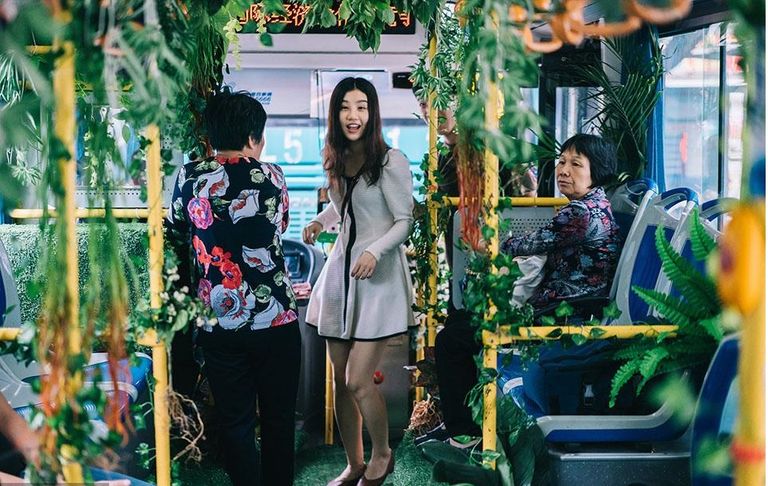 الحافلات في الصين تتحول إلى حديقة متنقلة