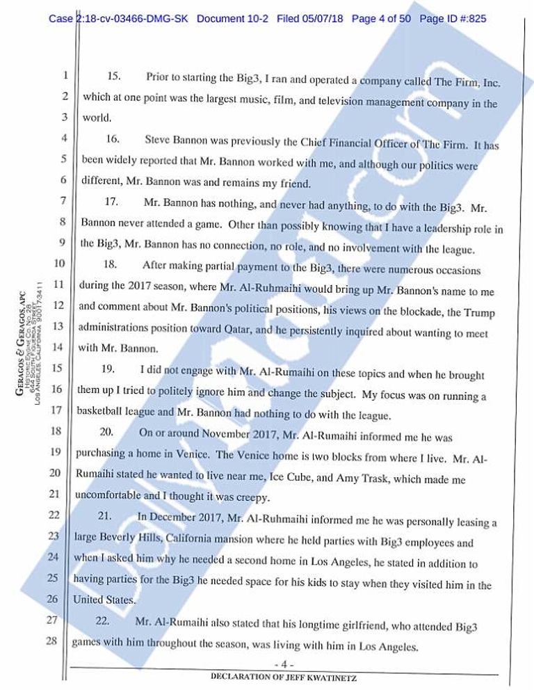 إحدى وثائق الدعوى التي تضم أسماء المتهمين وبينهم الرئيس التنفيذي لجهاز قطر للاستثمار الرميحي المسؤول القطري الهارب أحمد الرميحي