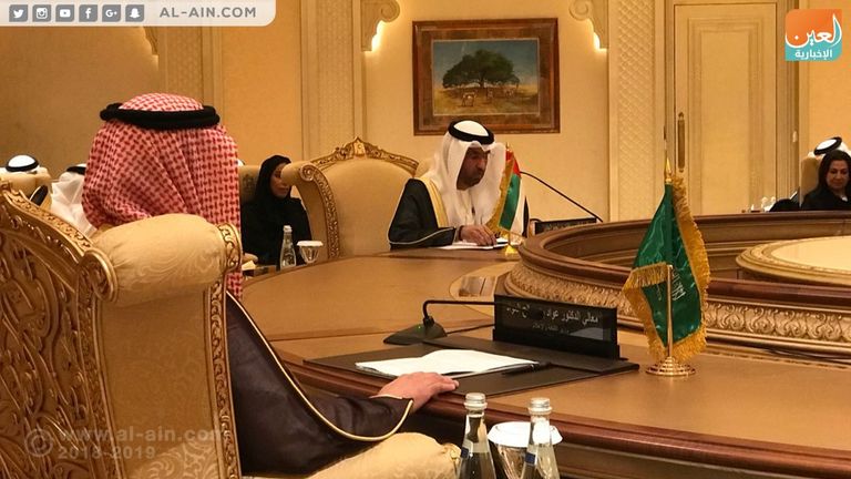 سلطان الجابر، وزير دولة الإمارات للإعلام جانب من اجتماع وزراء إعلام الدول العربية الداعية لمكافحة الإرهاب