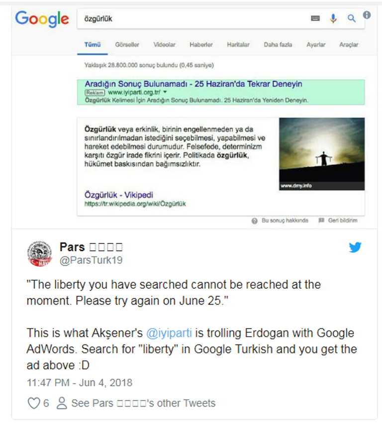 بحث في الإنترنت عن كلمة حرية نشرته صحيفة زمان التركية رجب طيب أردوغان