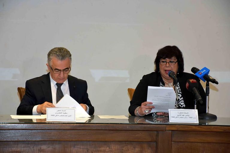 أثناء الإعلان عن تحول جائزة نجيب محفوظ من المحلية إلى العالمية 