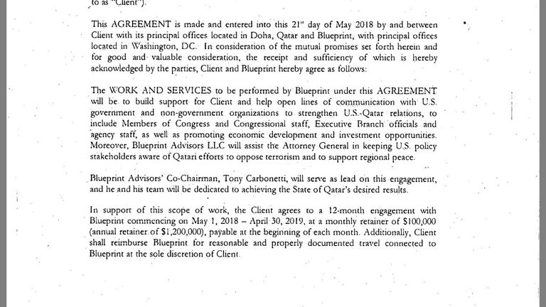 صورة من الاتفاق الموقع من السفارة القطرية في واشنطن