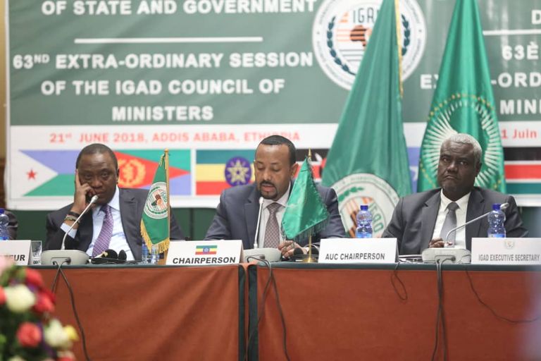 رئيس الوزراء الإثيوبي خلال قمة إيجاد لبحث الأزمة في جنوب السودان سلفاكير ورياك مشار - أرشيفية