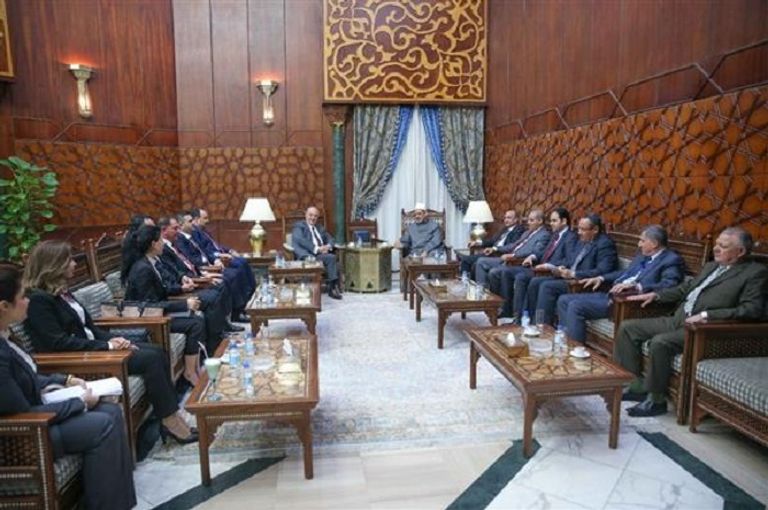 شيخ الأزهر خلال لقائه إياد علاوي والوفد المرافق له شيخ الأزهر الشريف خلال استقبال نائب الرئيس العراقي