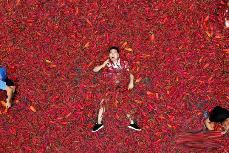 المتسابقون يجلسون في مياه مغطاة بالفلفل الحار