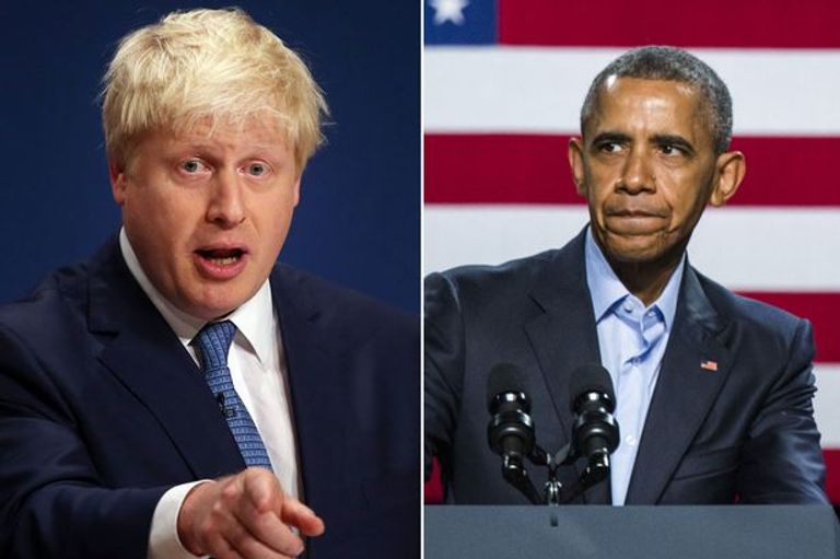 باراك أوباما وبوريس جونسون وزير الخارجية البريطاني المستقيل بوريس جونسون