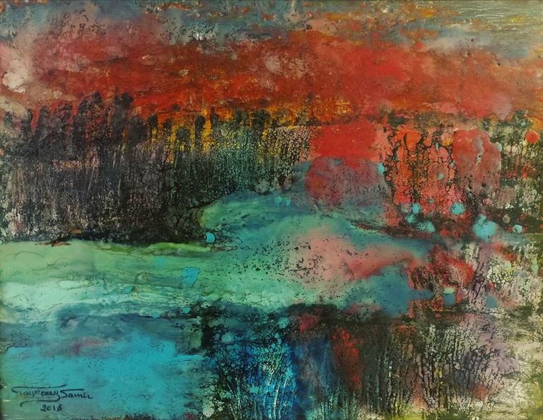 الفنانة فيروز سمير مع الفنان محمد عبلة في معرضها الجديد