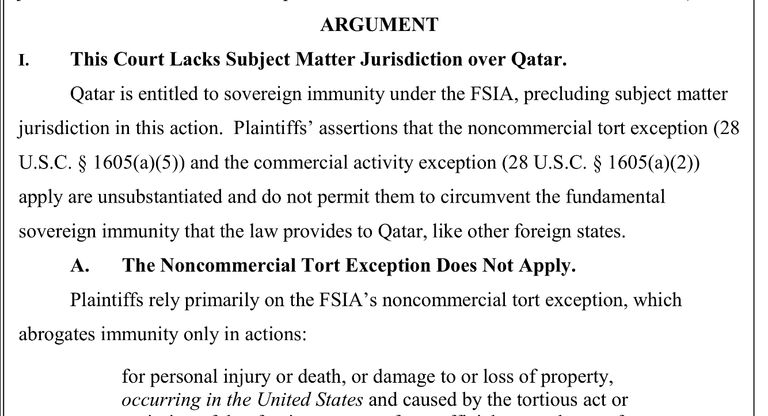 صورة عن المذكرة التي قدمتها قطر للمحكمة الأمريكية