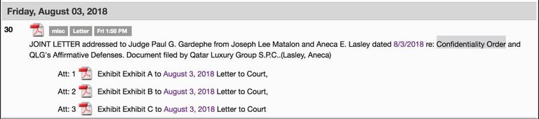 وثائق مرفقة بتغريدة الناشط الأمريكي حول مساعي قطر نحو سرية قضائية على فضيحة برويدي تميم بن حمد أمير قطر