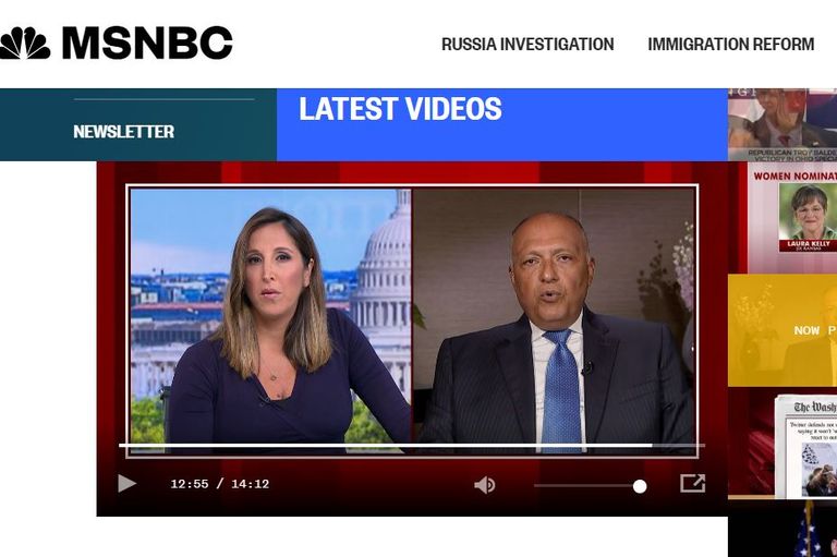 صورة للقاء شكري مع القناة الأمريكية وزير خارجية مصر سامح شكري ومستشار الأمن القومي الأمريكي جون بولتون