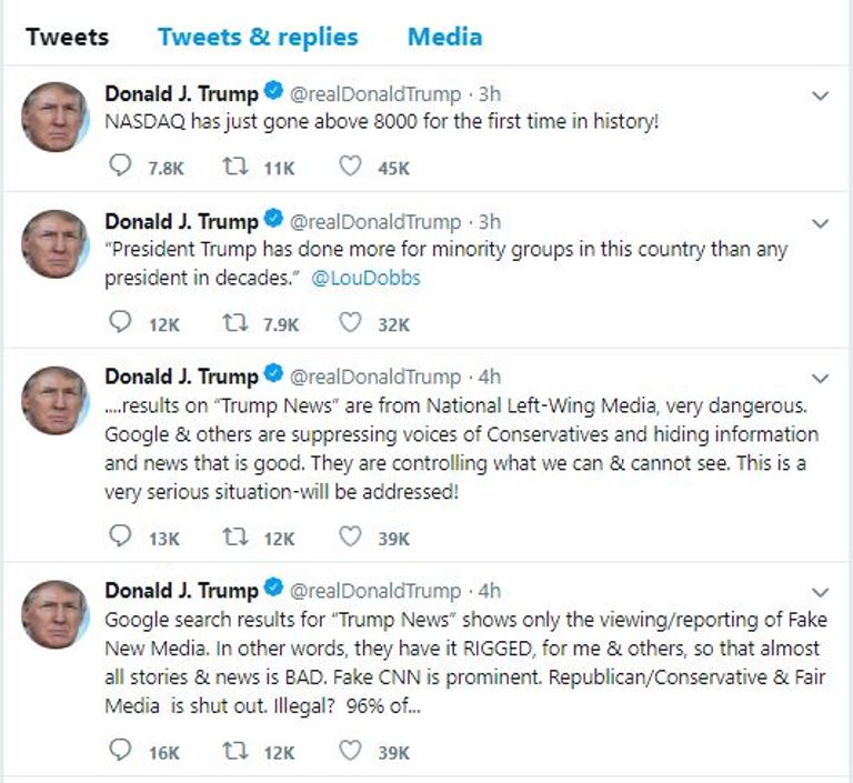 تغريدات ترامب لانتقاد جوجل ومواقع التواصل الاجتماعي