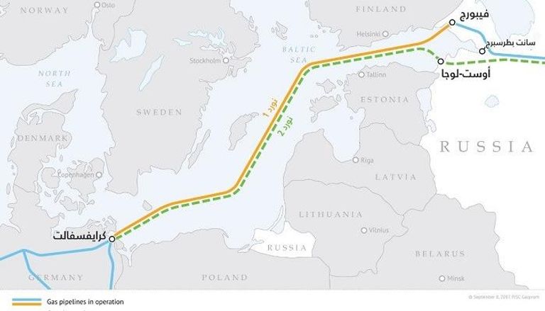 خريطة توضح مساري خطي الغاز الروسيين إلى أوروبا عبر ألمانيا