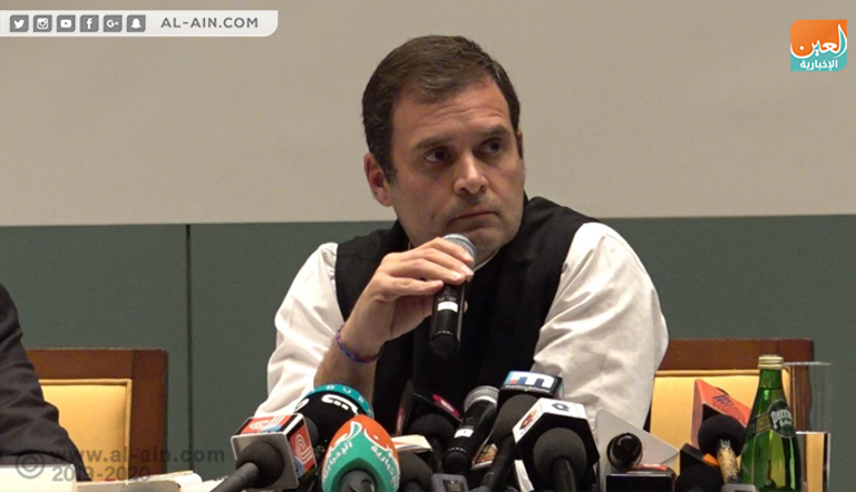 جانب من المؤتمر الصحفي لرئيس المؤتمر الوطني الهندي راهول غاندي