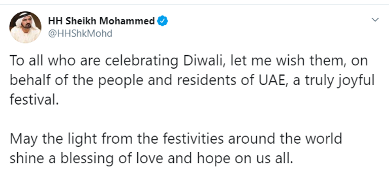 الشيخ محمد بن راشد آل مكتوم يتمنى "عيد ديوالي" سعيد للمحتفلين
