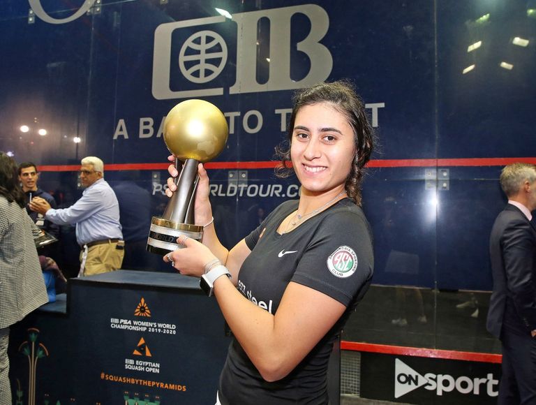 نور الشربيني بطلة العالم في الإسكواش كريم عبدالجواد ونور الشربيني