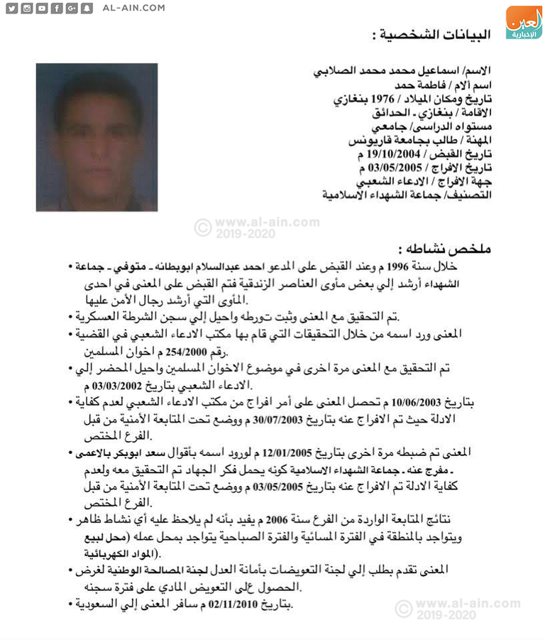 الملف الأمني لإسماعيل الصلابي في الأمن الداخلي للنظام السابق إصابة الإرهابي الليبي إسماعيل الصلابي في طرابلس