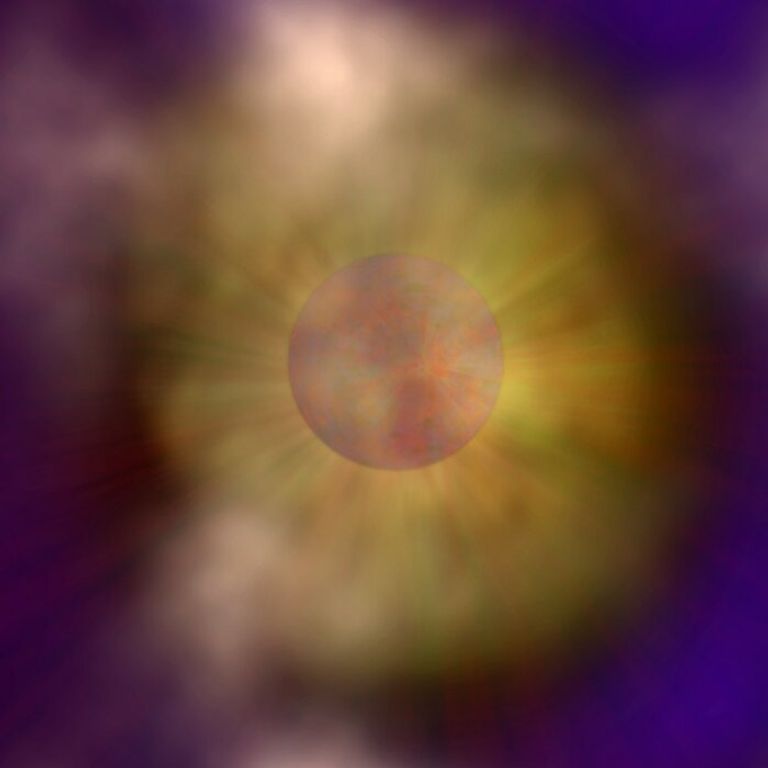 رسم فني لنجم نيوتروني يلفه سحابة من الغبار السهم يشير إلى موقع النجم النيوتروني داخل سحابة الغبار