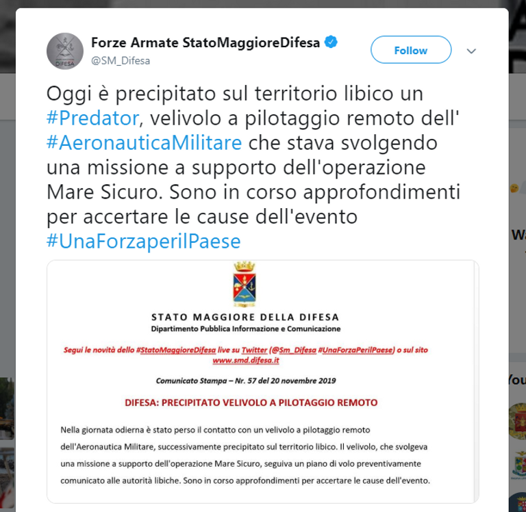 الدفاعات الليبية أسقطت طائرة إيطالية بدون طيار