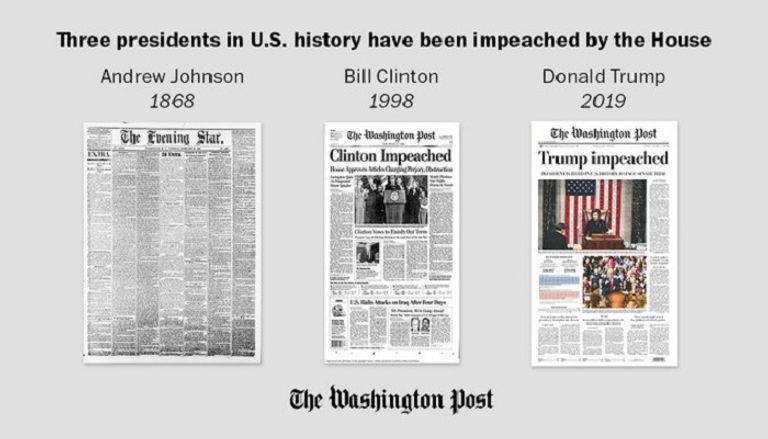 الصفحات الأولى للصحف في عهد رؤساء أمريكا الثلاثة الذين واجهوا إجرءات المساءلة جونسون وكلينتون وترامب. الرئيس الأمريكي دونالد ترامب - رويترز