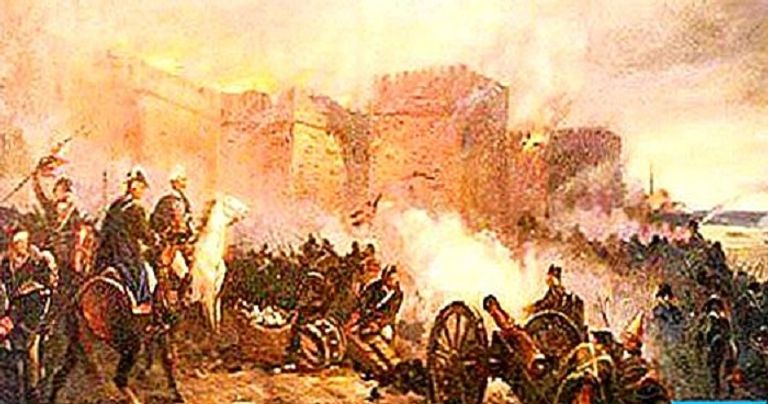 صورة للحرب بين الجيش الروسي والتركي خلال الاستيلاء على قلعة إسماعيل الرئيس الروسي ونظيره التركي في لقاء سابق - أرشيفية