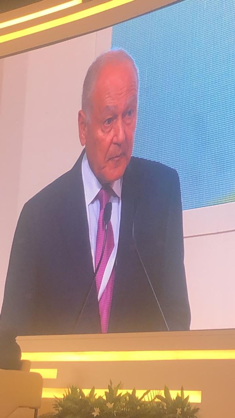 أحمد أبو الغيط الأمين العام لجامعة الدول العربية خلال المؤتمر