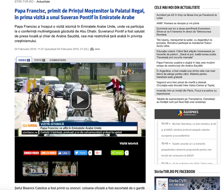 وسائل الإعلام الرومانية تتحدث عن زيارة البابا للإمارات 