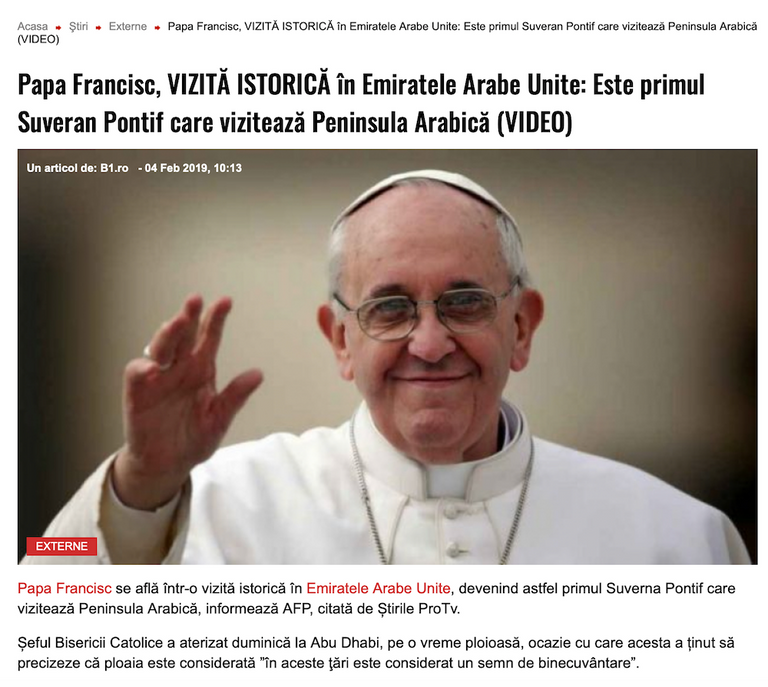 وسائل الإعلام الرومانية تتحدث عن زيارة البابا للإمارات 