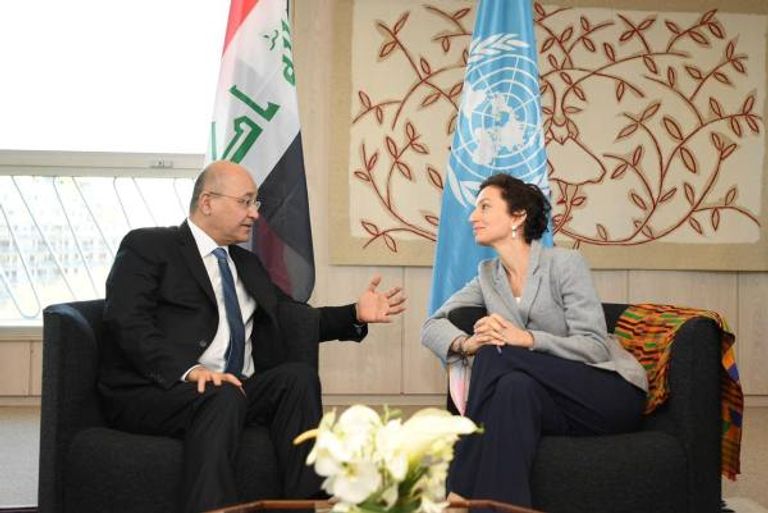 الرئيس العراقي بحث مع المديرة العامة لليونسكو ترميم الآثار التي دمرها داعش في الموصل الرئيس العراقي والمديرة العامة لليونسكو أودري أزولاي