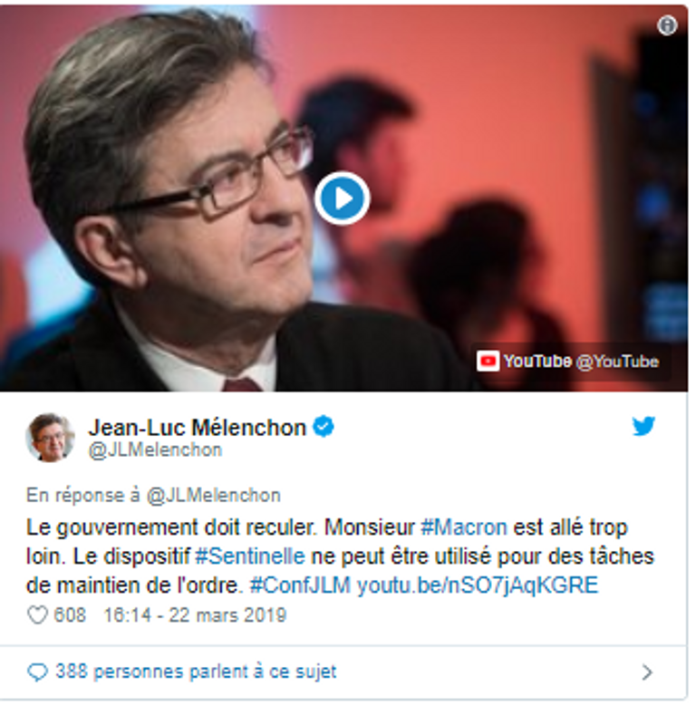 تغريدة ميلانشون قوات السانتينال في شوارع فرنسا لمواجهة السترات الصفراء