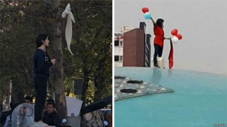 فيدا كررت احتجاجها لمرتين اعتراضا على سياسات ولاية الفقيه فيدا موحدي لدى وقوفها على أعلى منصة وسط شارع رئيسي في طهران