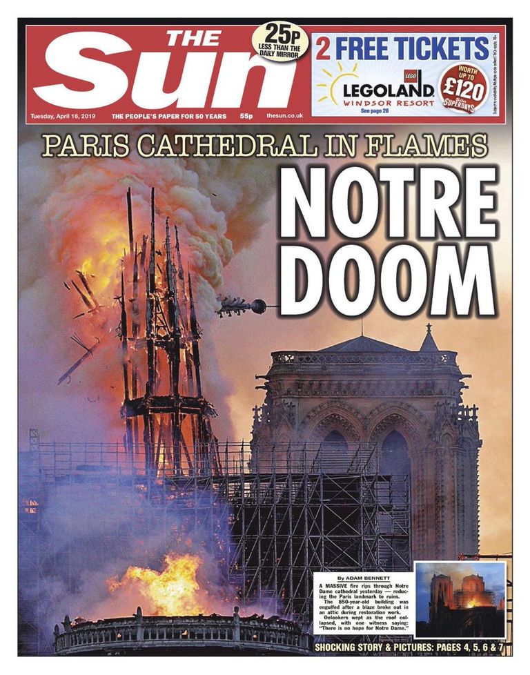 الصحف العالمية كرست صفحاتها الأولى لحريق "نوتردام"